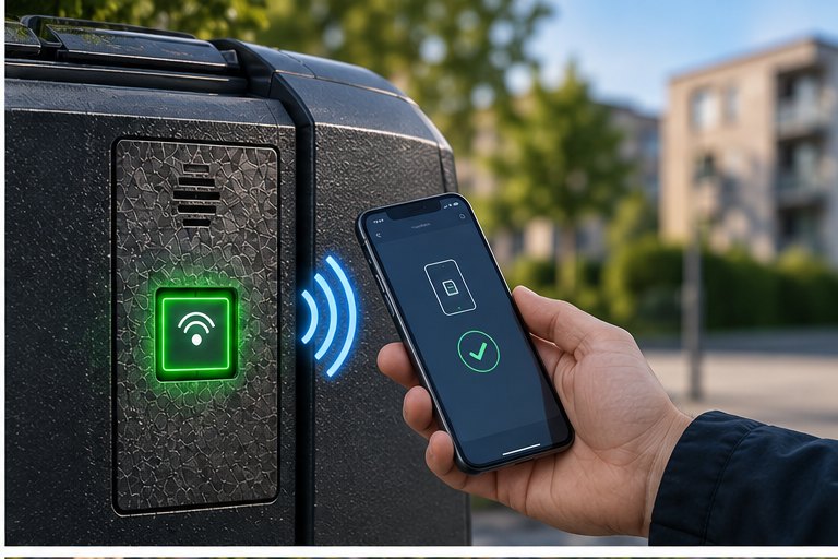 Serwisant zbliża telefon do czytnika na pojemniku; fale NFC i znacznik potwierdzenia na ekranie aplikacji.