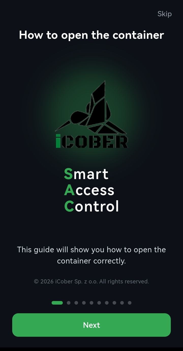 Ekran powitalny instrukcji z logo iCober Smart Access Control i zapowiedzią przewodnika po otwieraniu pojemnika.
