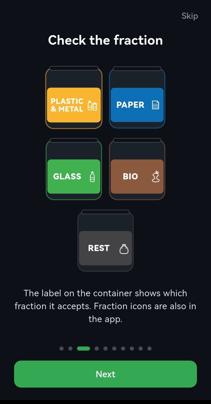 Ekran z kaflami frakcji — plastik i metal, papier, szkło, bio oraz odpady zmieszane — każdy w swoim kolorze i z ikoną.