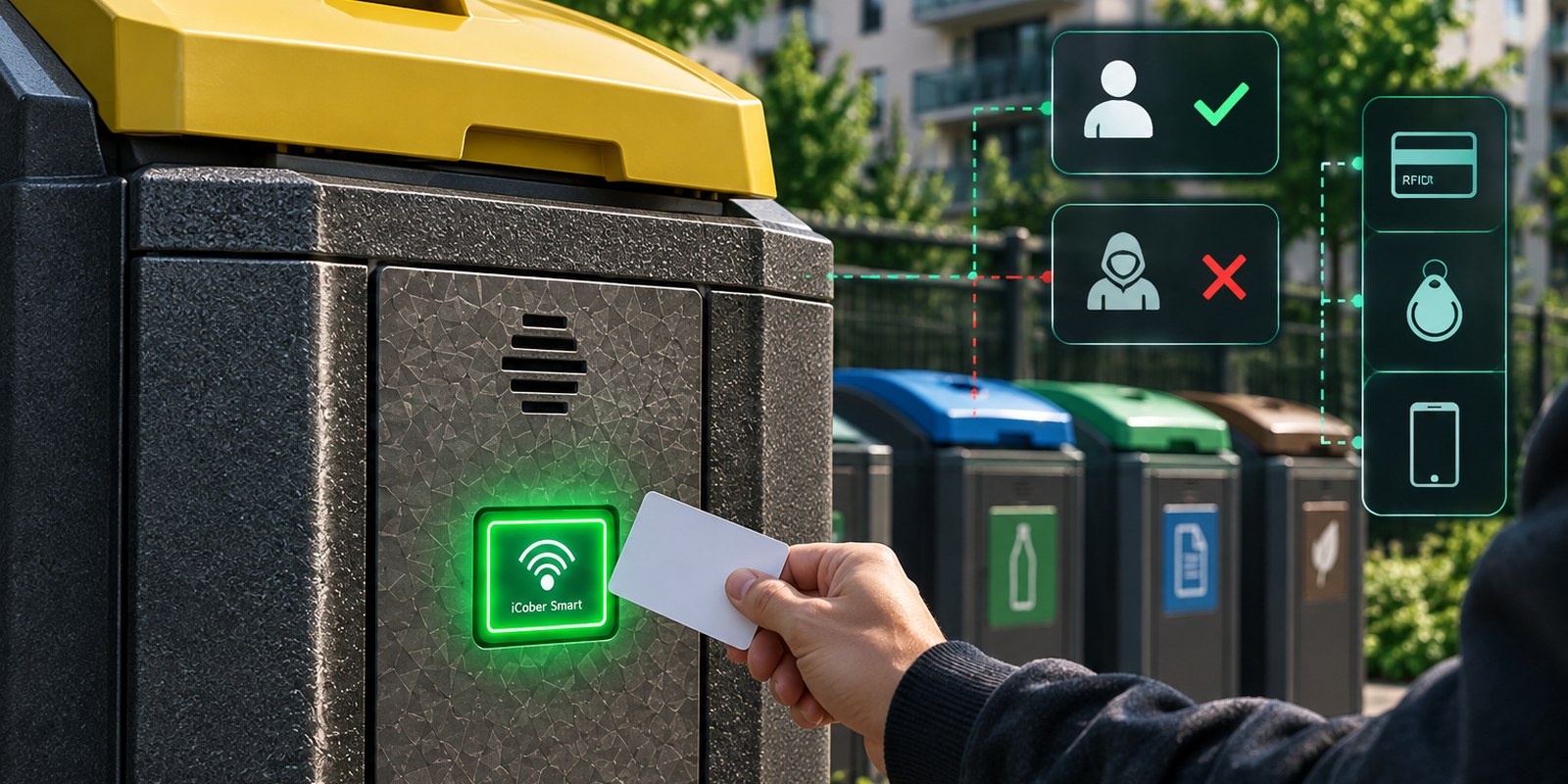 Karta zbliżona do czytnika iCober: użytkownik z uprawnieniami otwiera pojemnik, osoba nieuprawniona zostaje odrzucona; nośnikiem może być karta, breloczek albo telefon