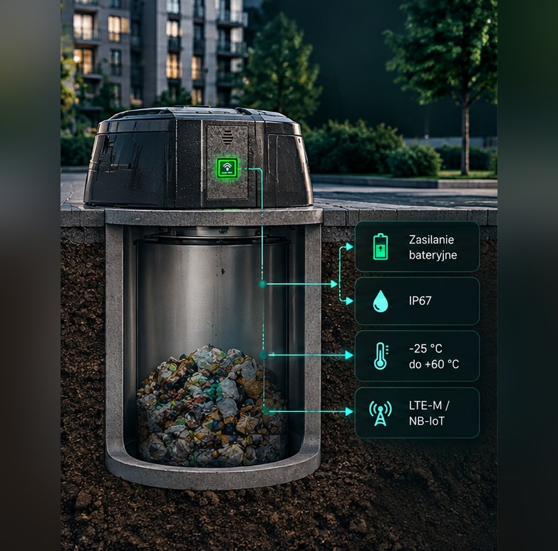 Czytnik iCober SAC w kontenerze podziemnym: zasilanie bateryjne, IP67, zakres pracy od −25 °C do +60 °C, łączność LTE-M / NB-IoT